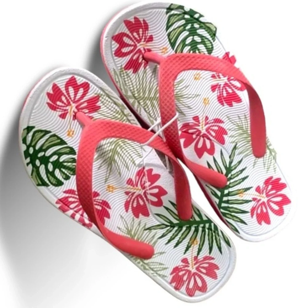 Sun & Sky floral thong sandal/flip flops Hawaiian floral pink green Medium 11-12